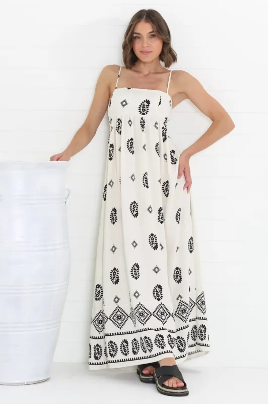Malia Maxi Dress - A-Line Sun Dress in Maha Print Beige sold by Salty Crush