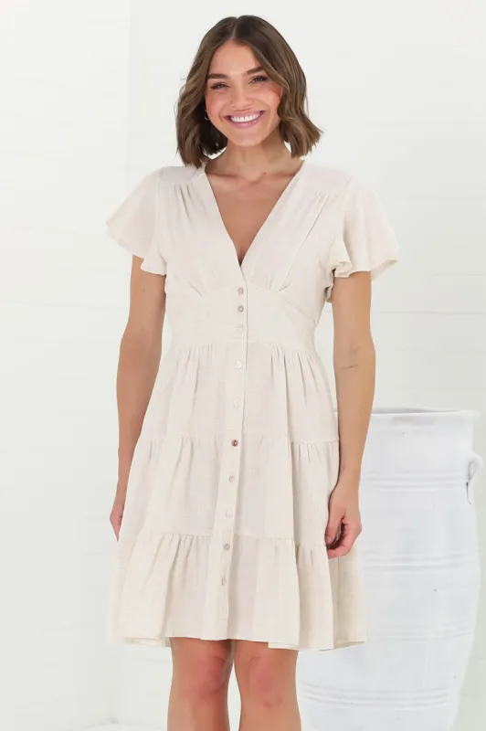 Amy Mini Dress - Frill Cap Sleeve Button Down V Neck Dress in Oat sold by Salty Crush