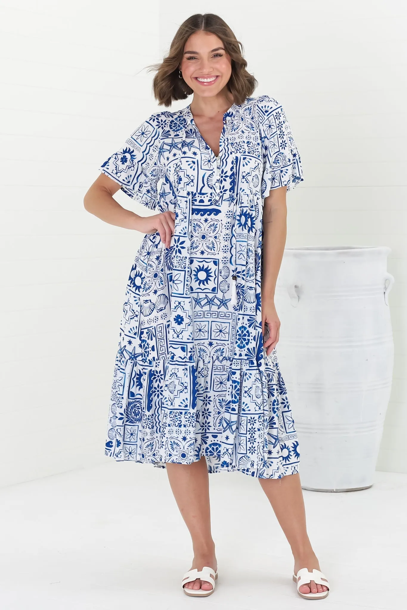 Orla Midi Dress - Mandarin Collar Smock Dress in Aine Print Blue sold by Salty Crush