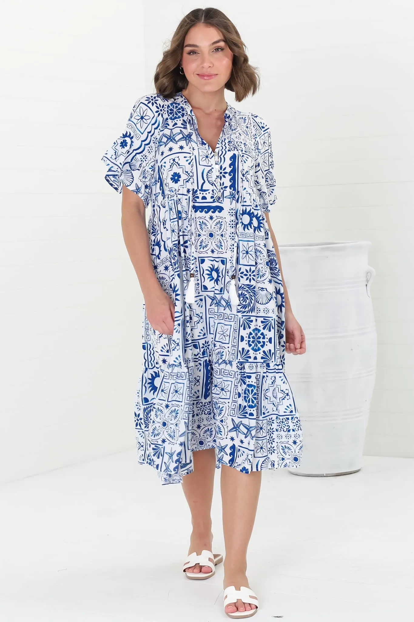 Orla Midi Dress - Mandarin Collar Smock Dress in Aine Print Blue sold by Salty Crush product image thumbnail 2