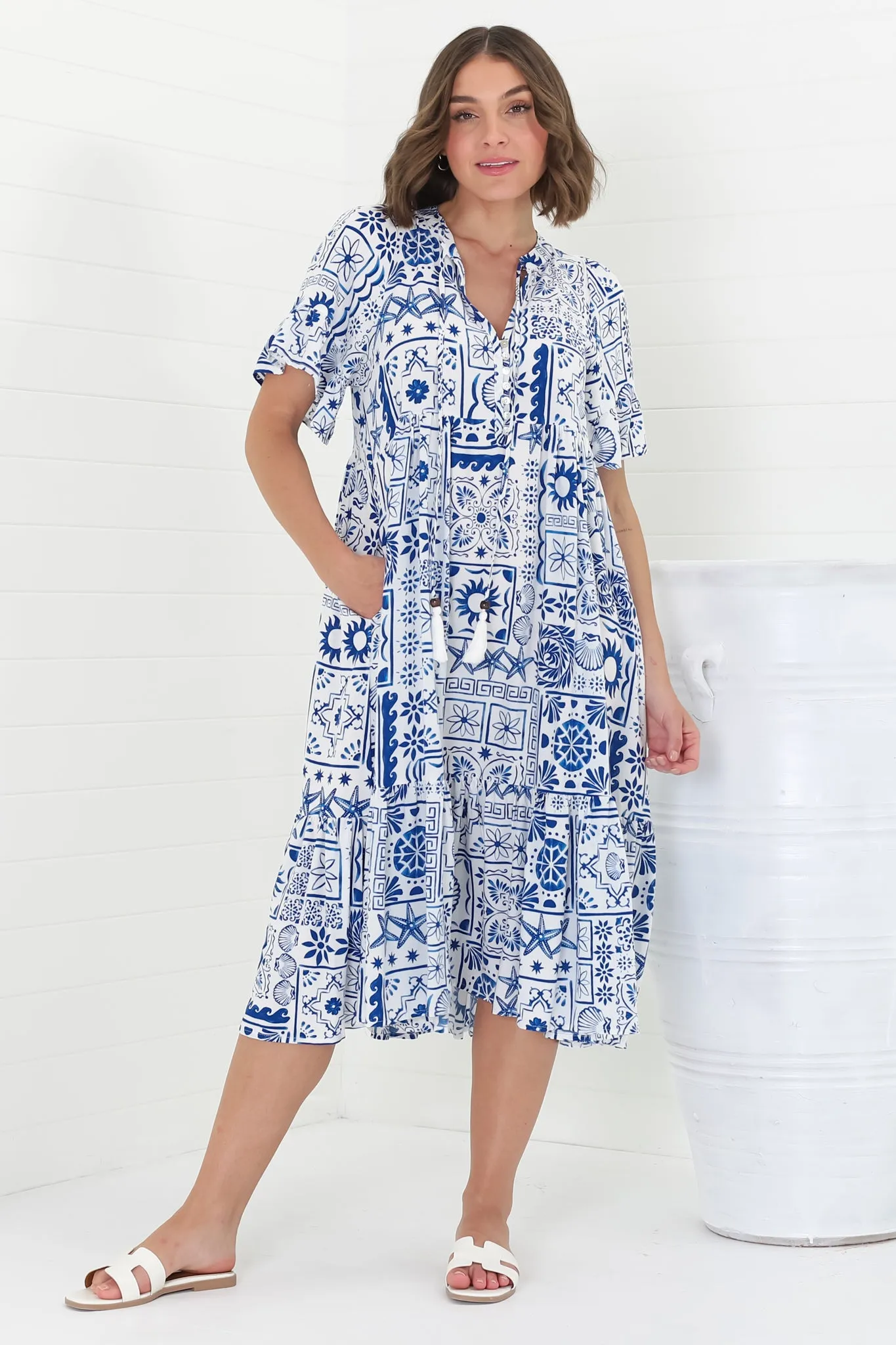 Orla Midi Dress - Mandarin Collar Smock Dress in Aine Print Blue sold by Salty Crush product image thumbnail 3
