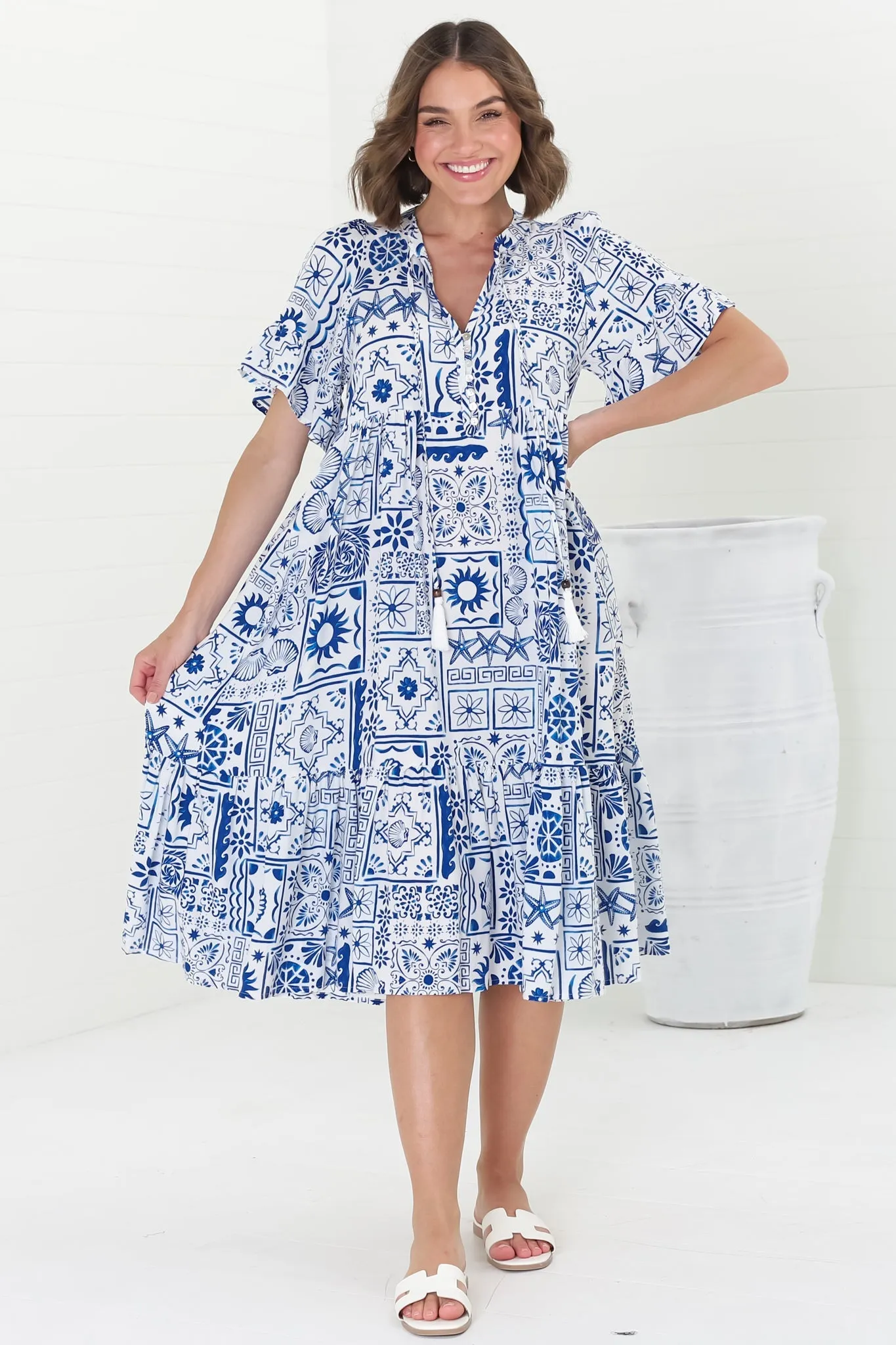 Orla Midi Dress - Mandarin Collar Smock Dress in Aine Print Blue sold by Salty Crush product image thumbnail 4