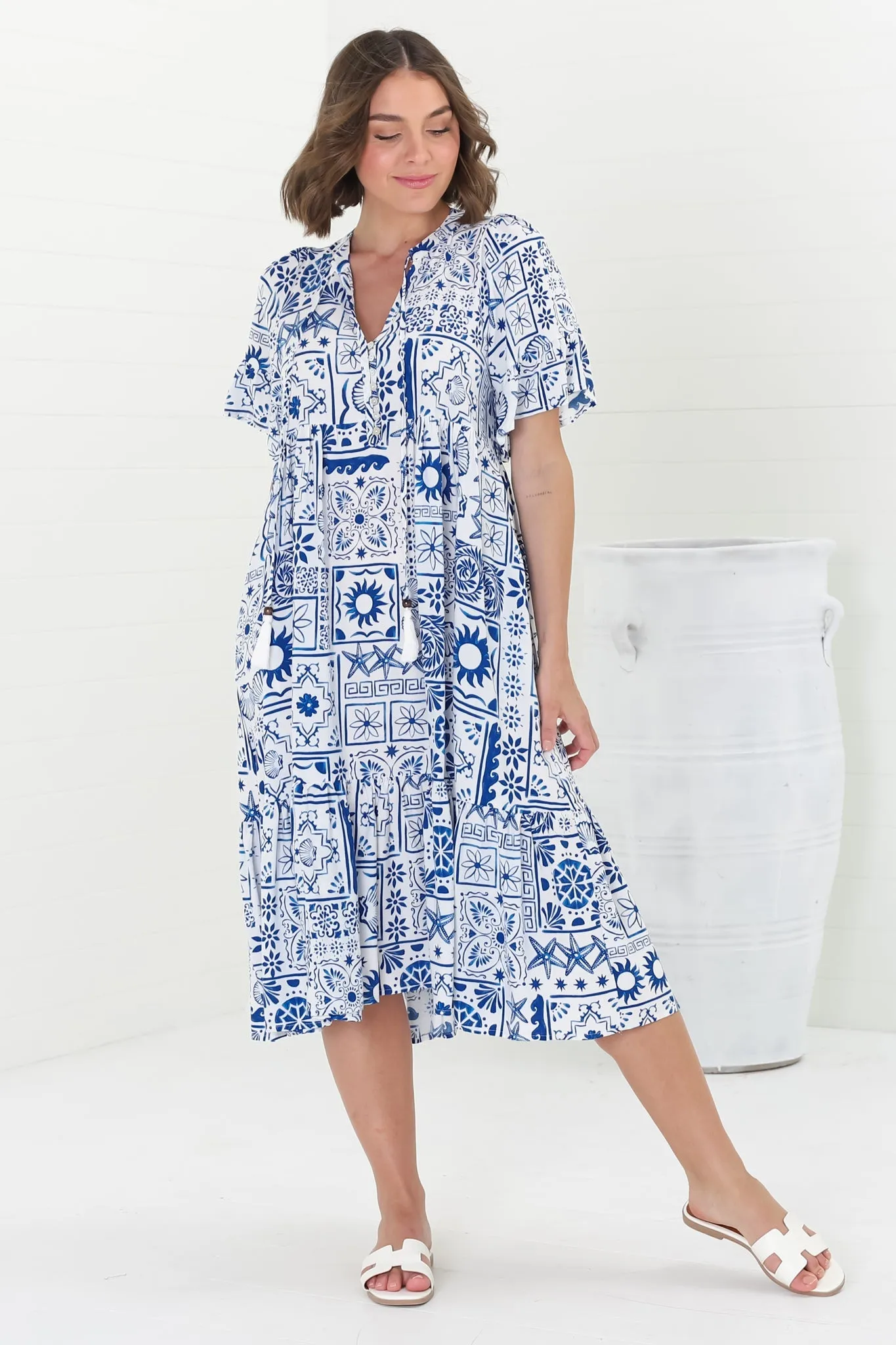 Orla Midi Dress - Mandarin Collar Smock Dress in Aine Print Blue sold by Salty Crush product image thumbnail 5