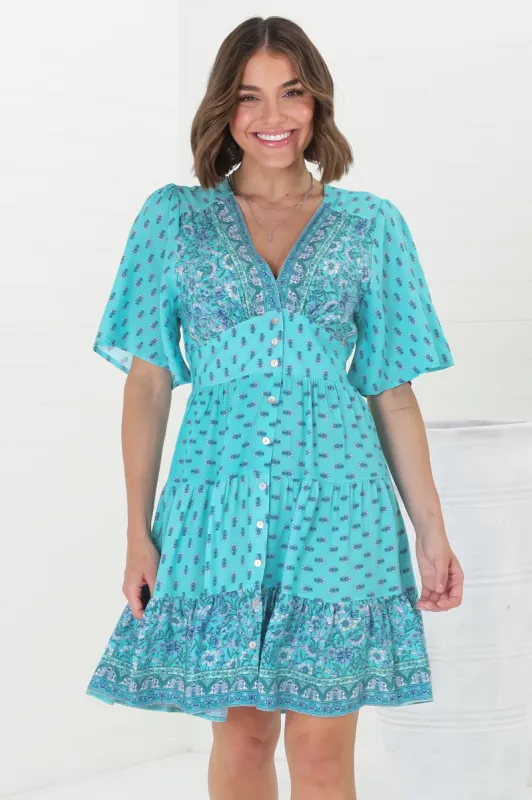 Sana Mini Dress - Bell Sleeve Button Down V Neck Dress in Izara Print Blue sold by Salty Crush