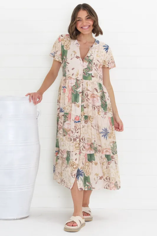 Milla Midi Dress - Tiered Button Down Dress in Irina Print Beige sold by Salty Crush