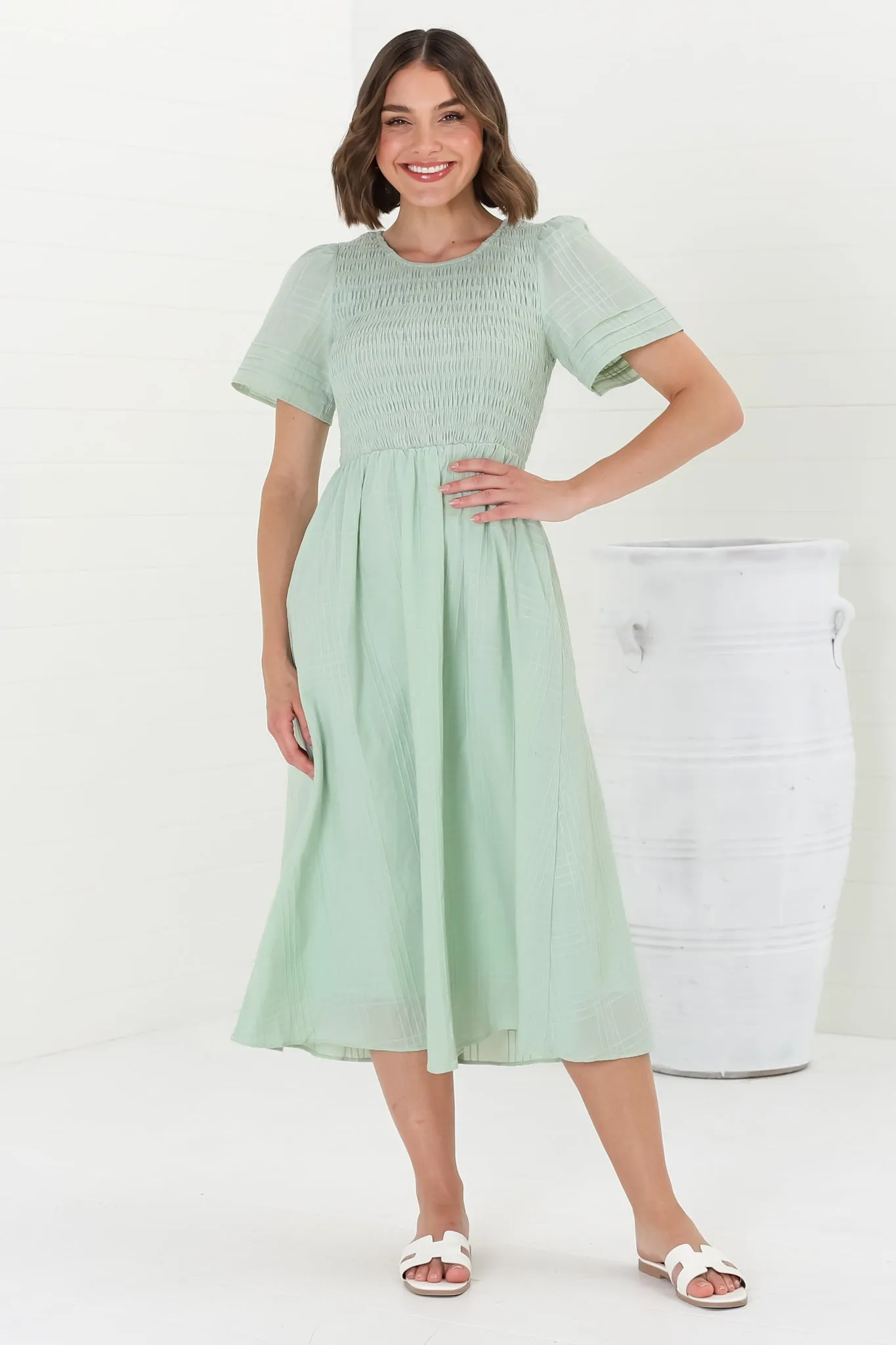 Zoya Midi Dress - Crew Neck Textured A-Line Dress with Short Sleeves in Mint sold by Salty Crush
