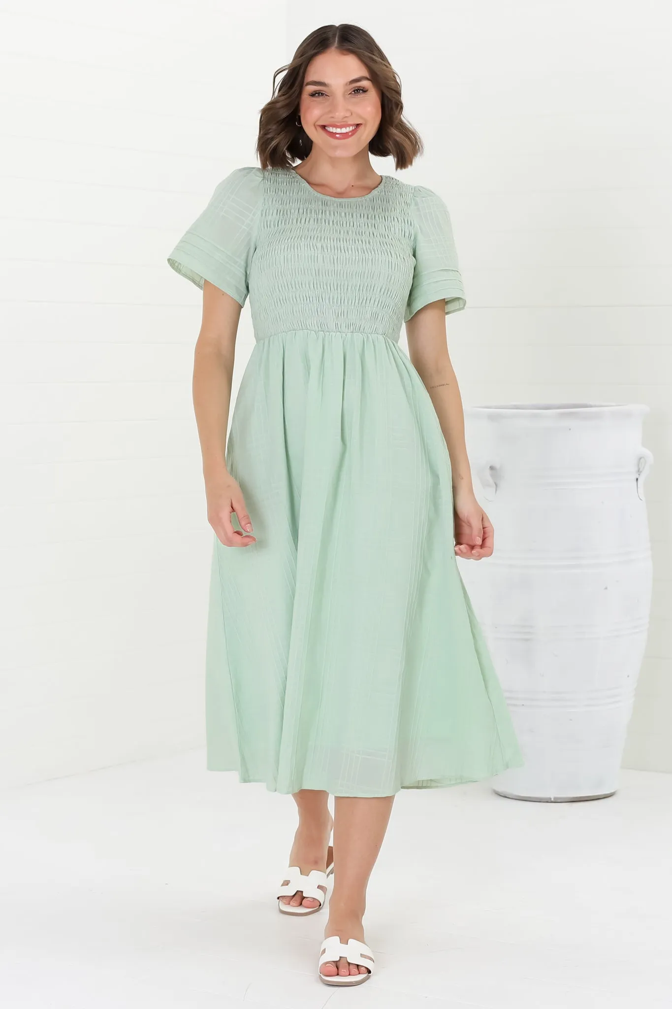 Zoya Midi Dress - Crew Neck Textured A-Line Dress with Short Sleeves in Mint sold by Salty Crush product image thumbnail 2