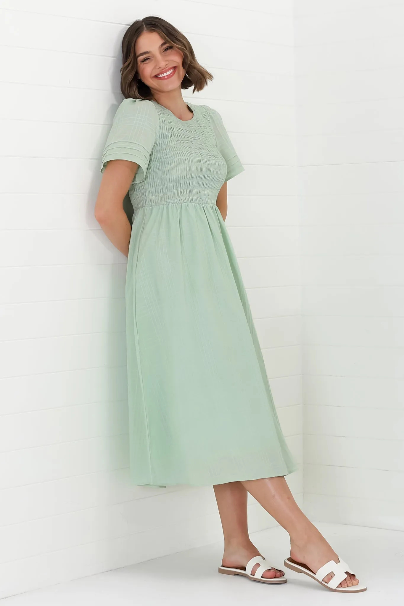 Zoya Midi Dress - Crew Neck Textured A-Line Dress with Short Sleeves in Mint sold by Salty Crush product image thumbnail 3