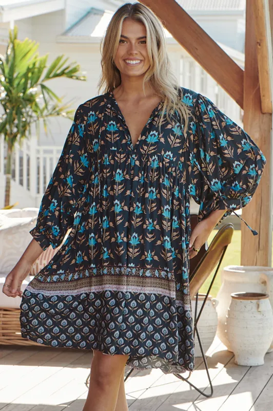 Xavier Mini Dress - V Neckline with 3/4 Balloon Sleeves in Juniper Print sold by Salty Crush