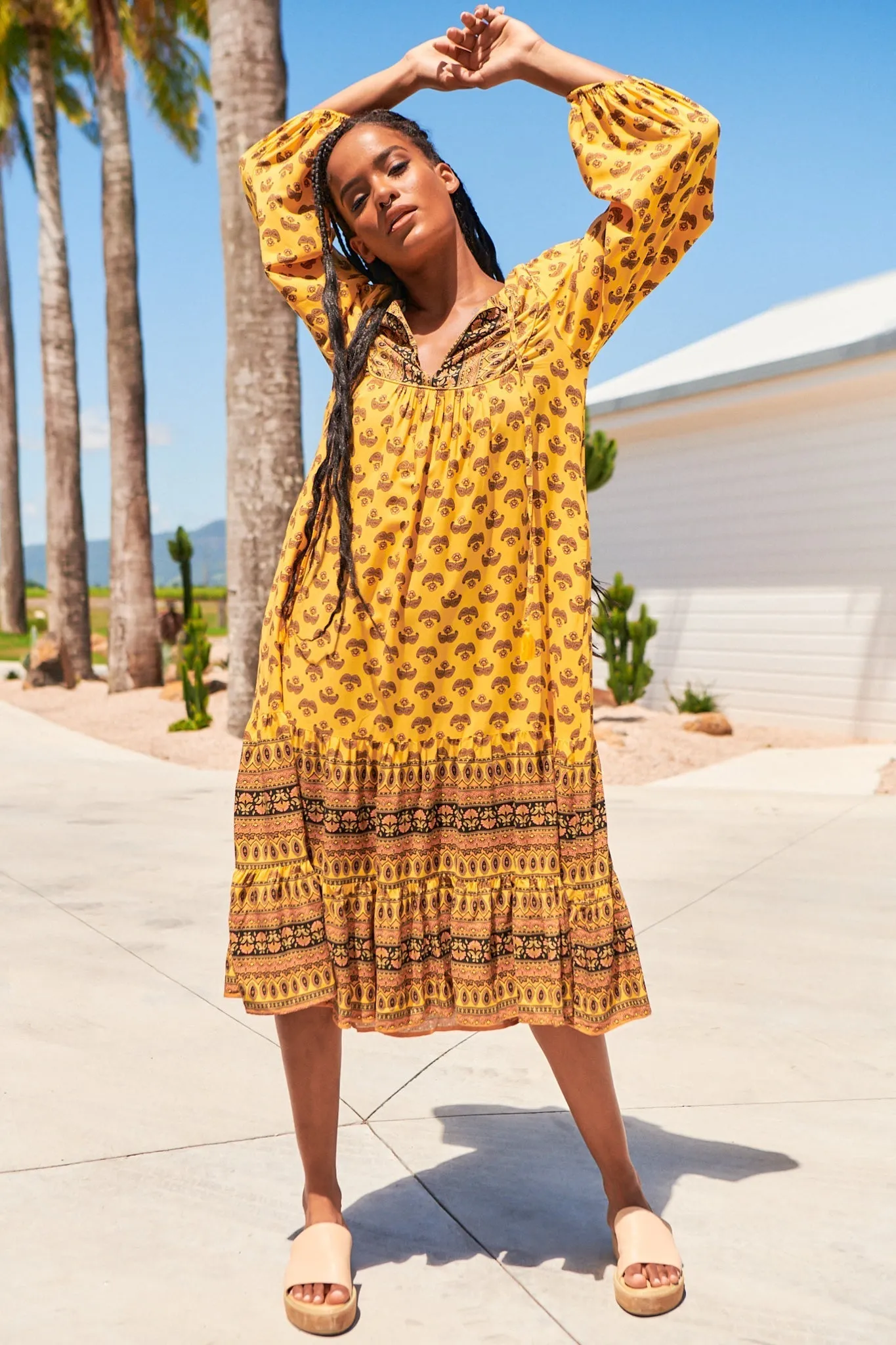 Liliana Midi Dress - V Neckline with Long Sleeves Dress in Sunbeam Print sold by Salty Crush product image thumbnail 4