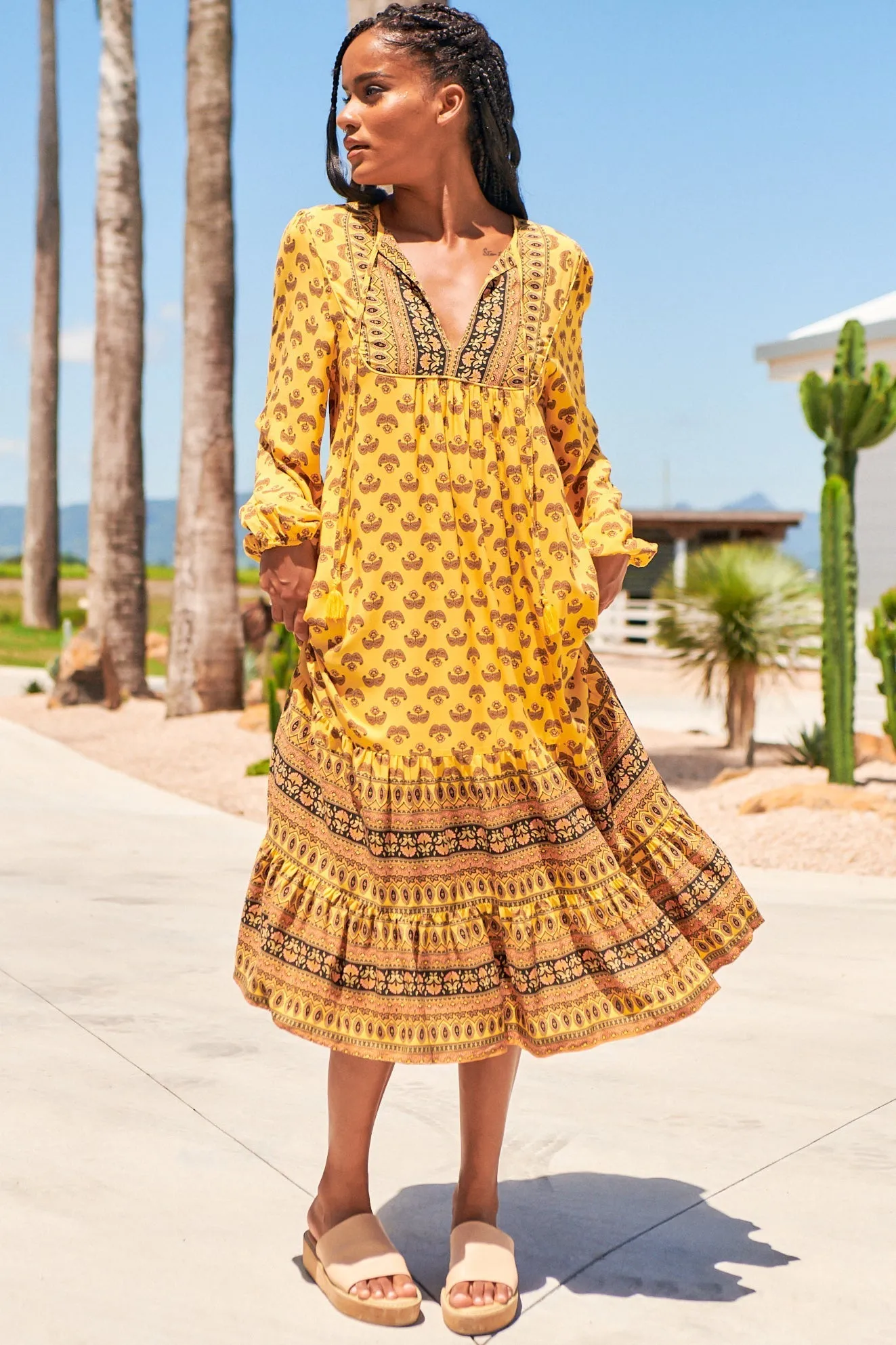 Liliana Midi Dress - V Neckline with Long Sleeves Dress in Sunbeam Print sold by Salty Crush