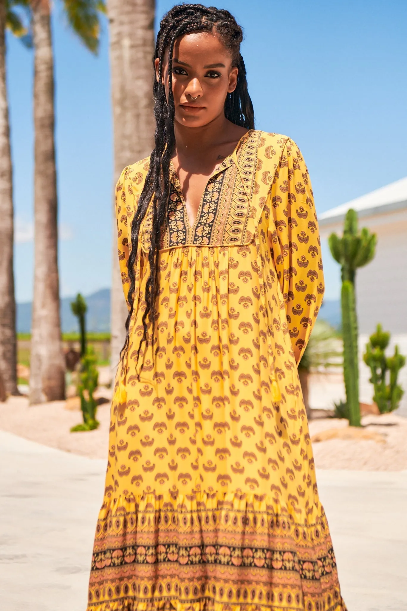 Liliana Midi Dress - V Neckline with Long Sleeves Dress in Sunbeam Print sold by Salty Crush product image thumbnail 5