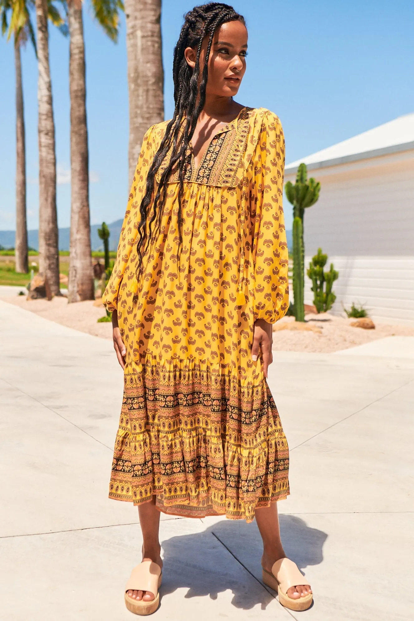 Liliana Midi Dress - V Neckline with Long Sleeves Dress in Sunbeam Print sold by Salty Crush product image thumbnail 2