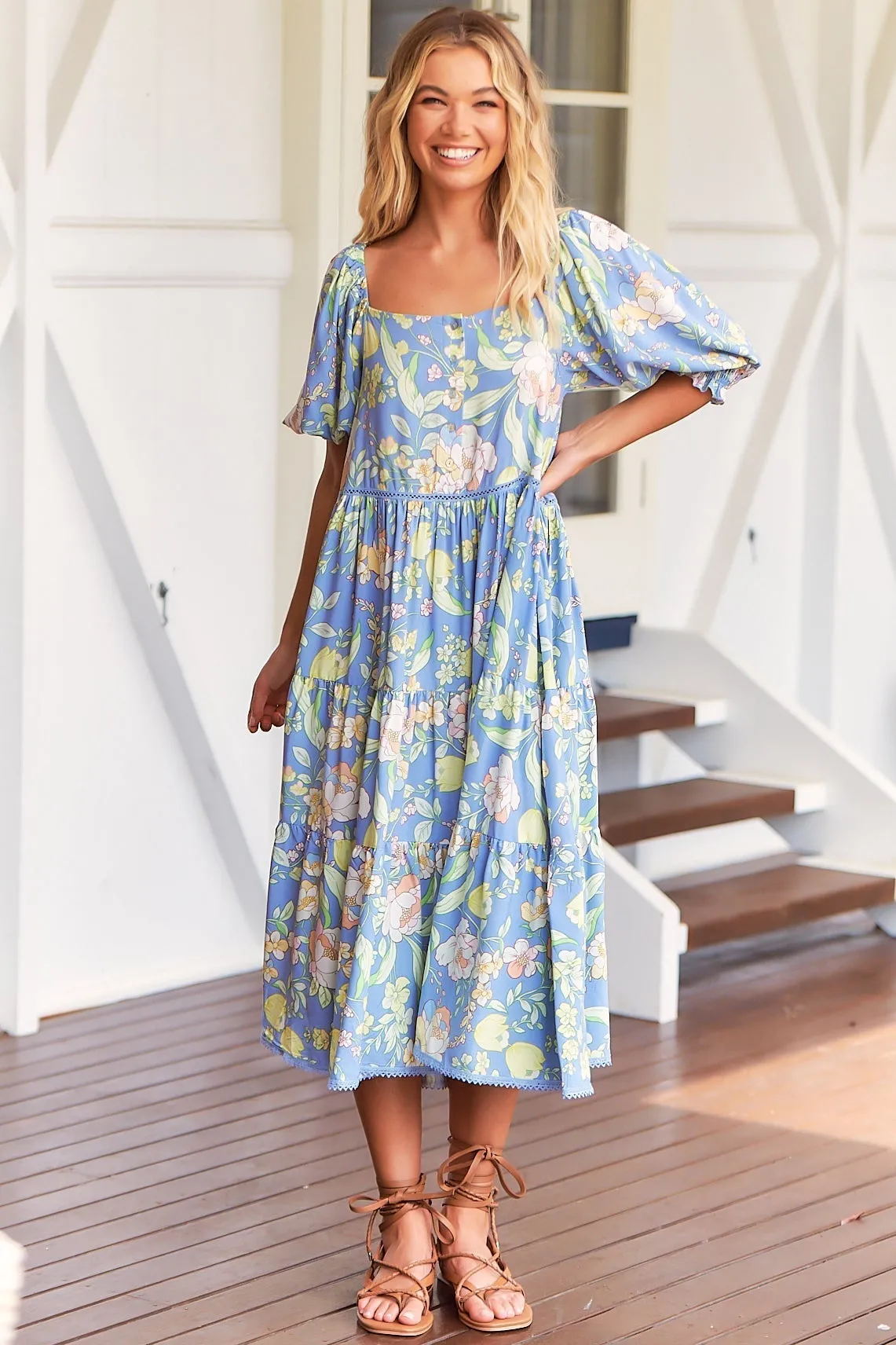 JAASE - Rosella Midi Dress - Milkmaid Neckline with Buttoned Bodice in Blue Dusk Print sold by Salty Crush