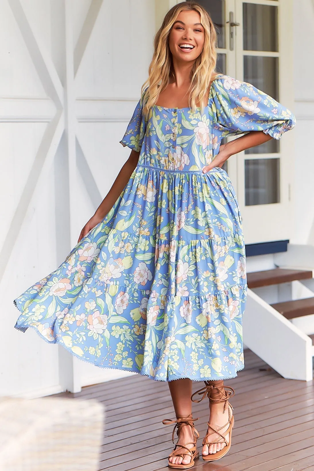 JAASE - Rosella Midi Dress - Milkmaid Neckline with Buttoned Bodice in Blue Dusk Print sold by Salty Crush product image thumbnail 5