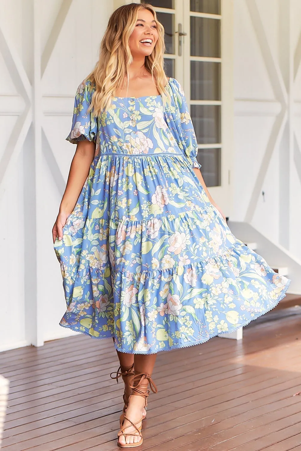 JAASE - Rosella Midi Dress - Milkmaid Neckline with Buttoned Bodice in Blue Dusk Print sold by Salty Crush product image thumbnail 3