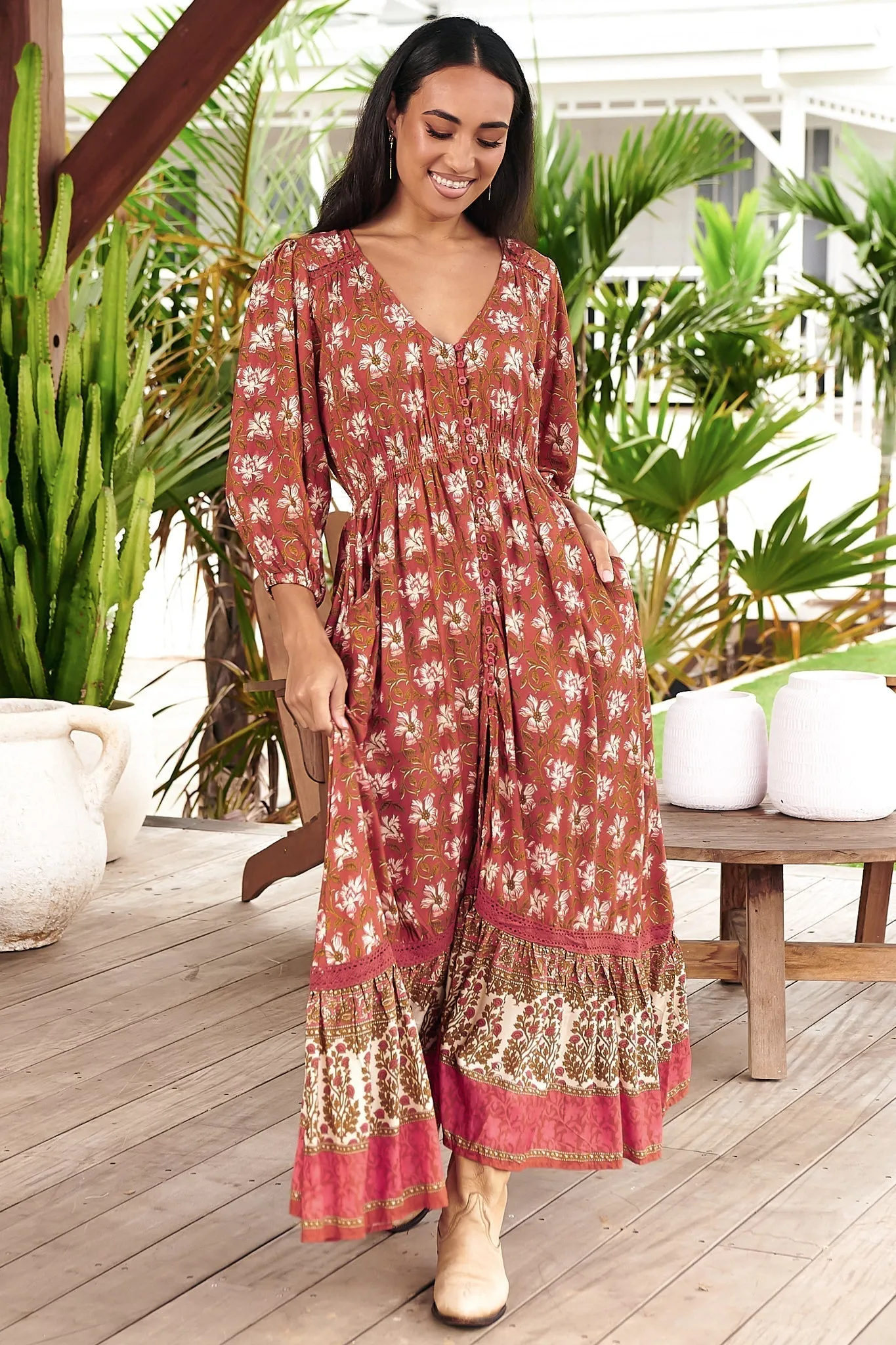 JAASE - Zuri Maxi Dress: V Neckline with Buttoned Bodice Dress in Suraya Print sold by Salty Crush product image thumbnail 5