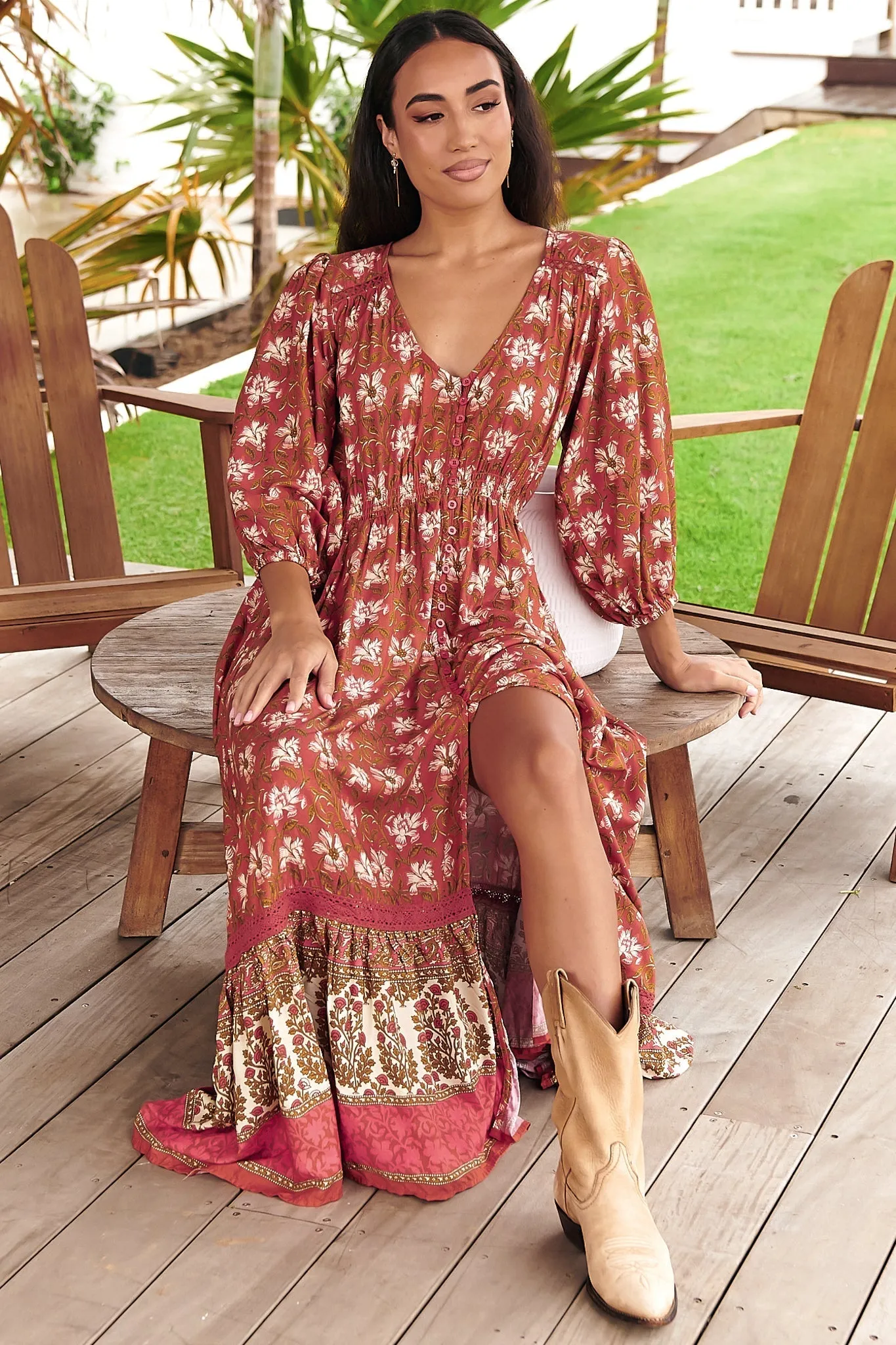 JAASE - Zuri Maxi Dress: V Neckline with Buttoned Bodice Dress in Suraya Print sold by Salty Crush product image thumbnail 2