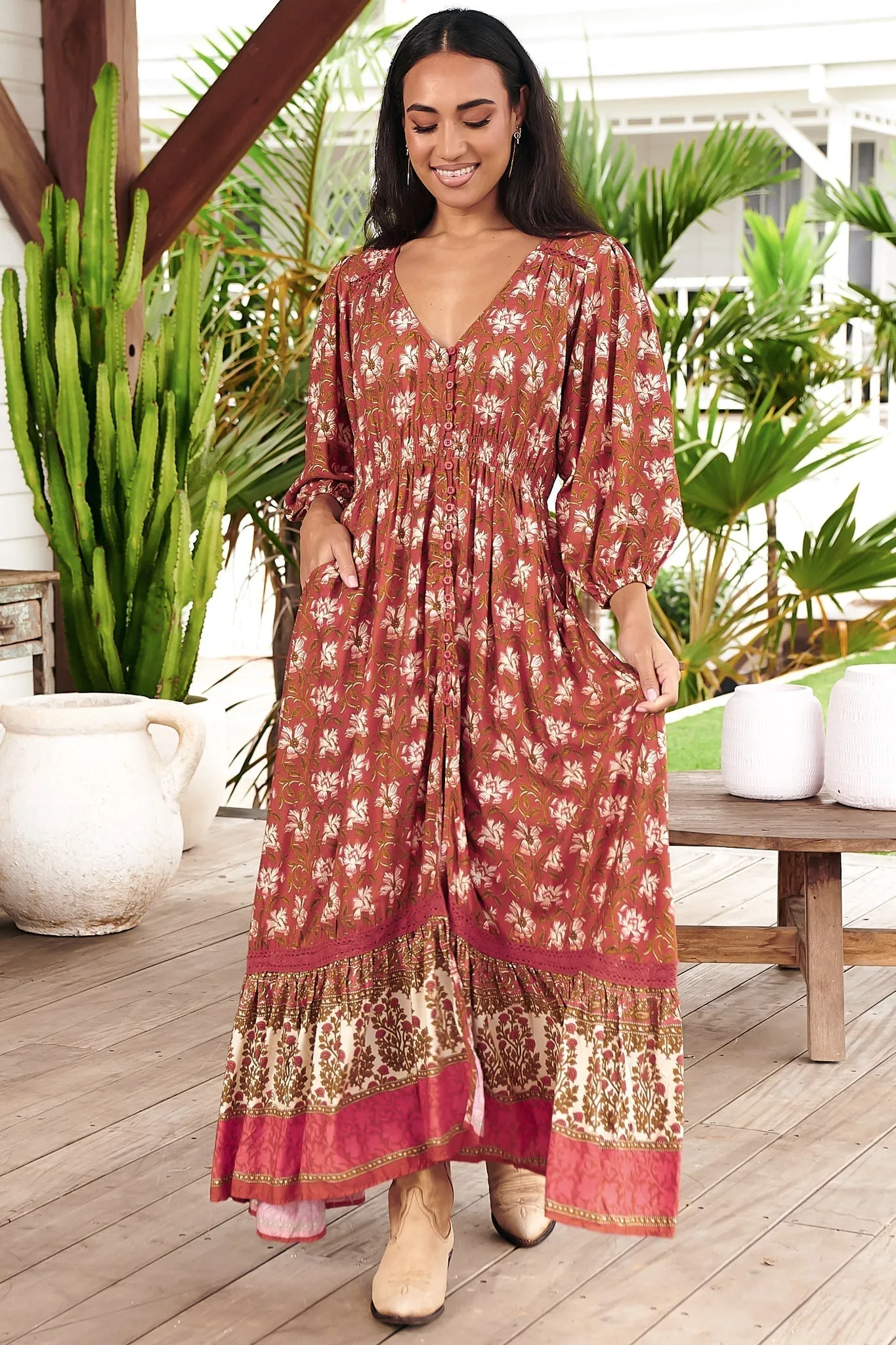 JAASE - Zuri Maxi Dress: V Neckline with Buttoned Bodice Dress in Suraya Print sold by Salty Crush product image thumbnail 3