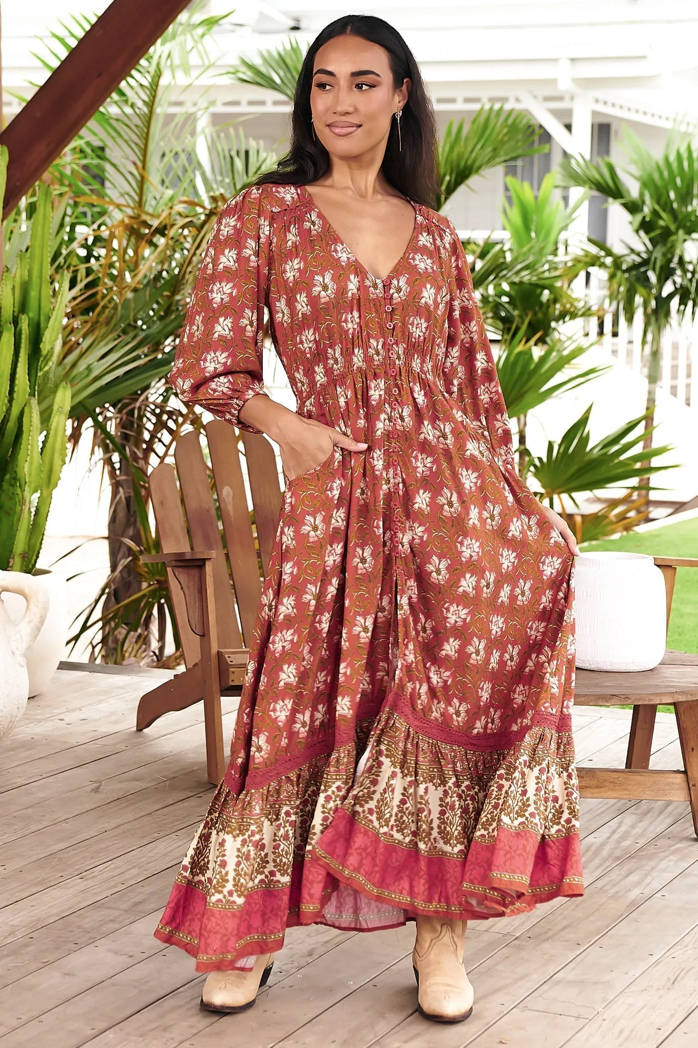 JAASE - Zuri Maxi Dress: V Neckline with Buttoned Bodice Dress in Suraya Print sold by Salty Crush product image thumbnail 4