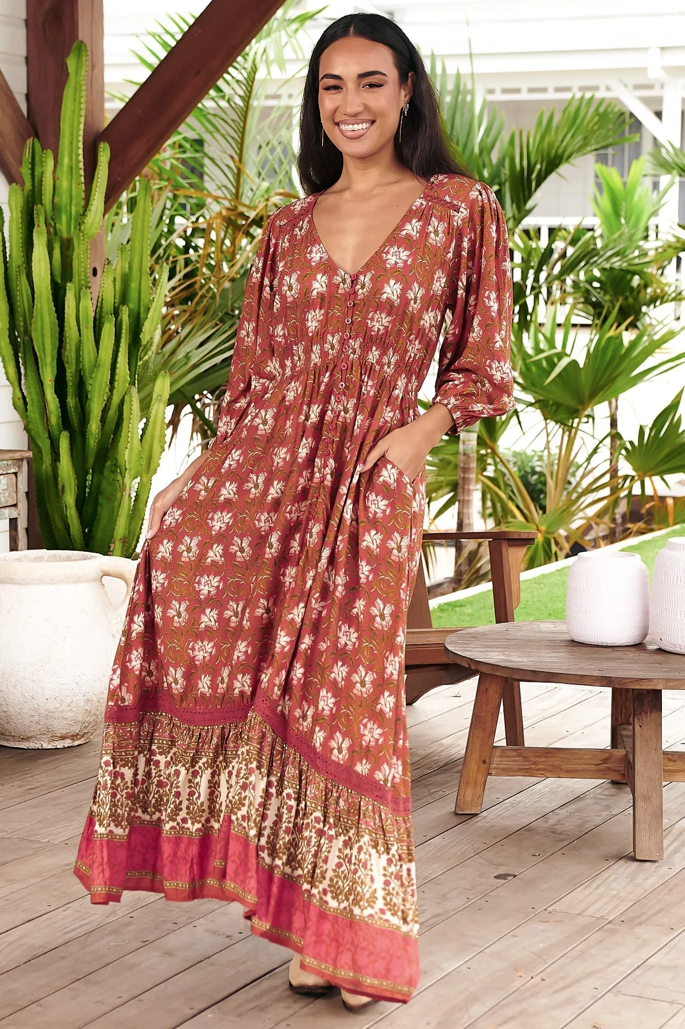 JAASE - Zuri Maxi Dress: V Neckline with Buttoned Bodice Dress in Suraya Print sold by Salty Crush
