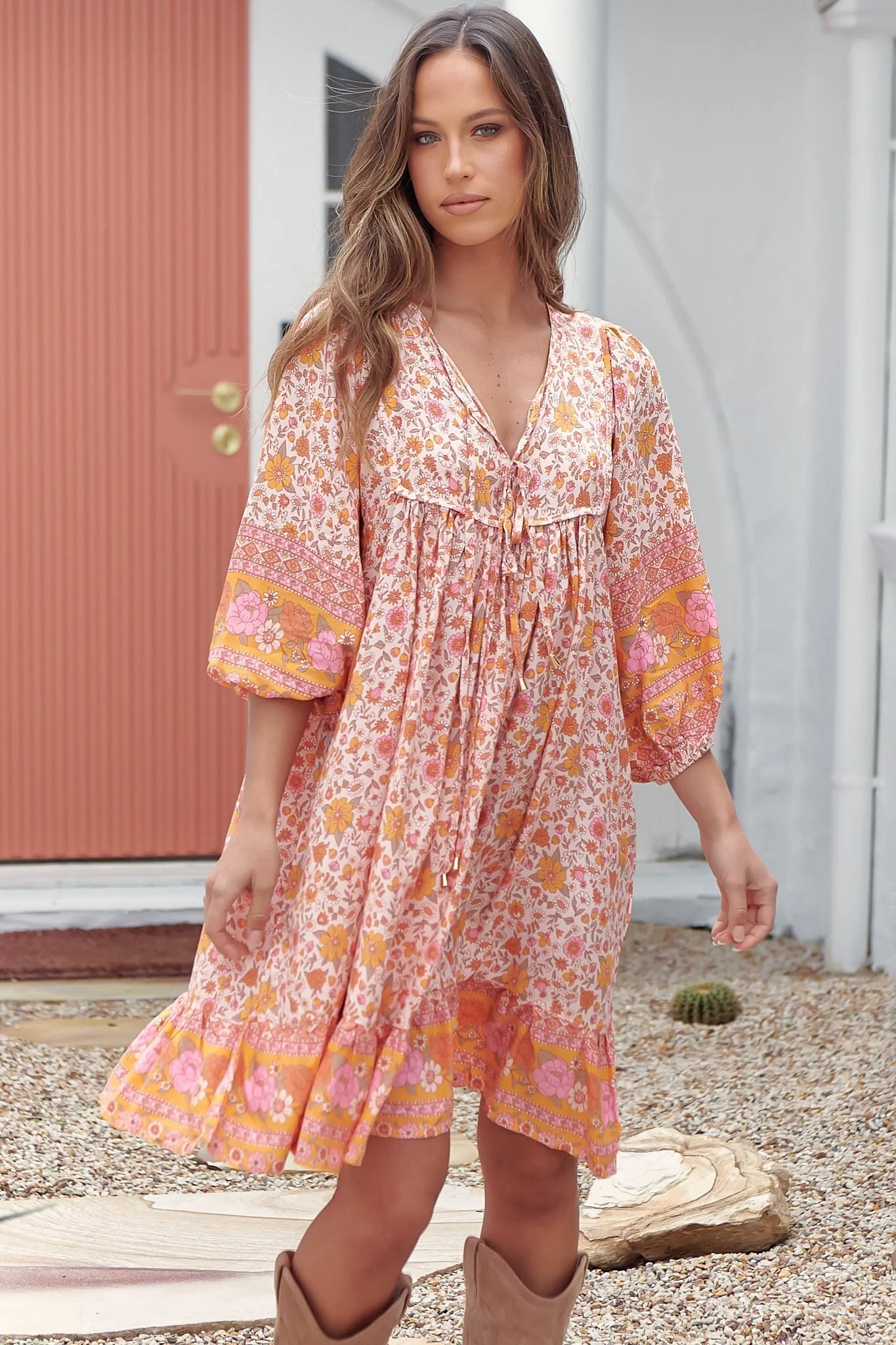 French Mini Dress - Yoke Neckline Dress with Matching Belt in Amor Print sold by Salty Crush product image thumbnail 4