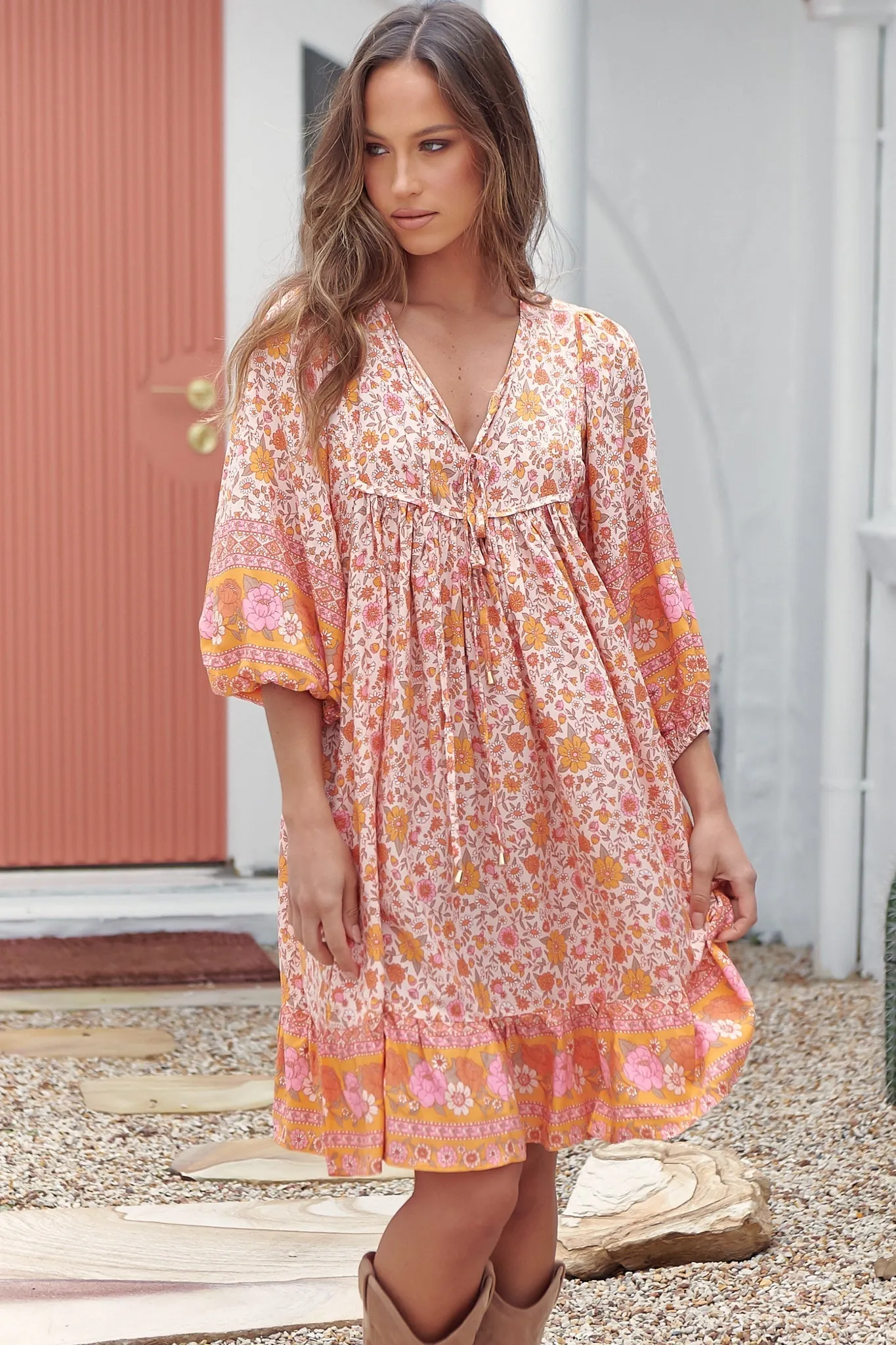 French Mini Dress - Yoke Neckline Dress with Matching Belt in Amor Print sold by Salty Crush product image thumbnail 2