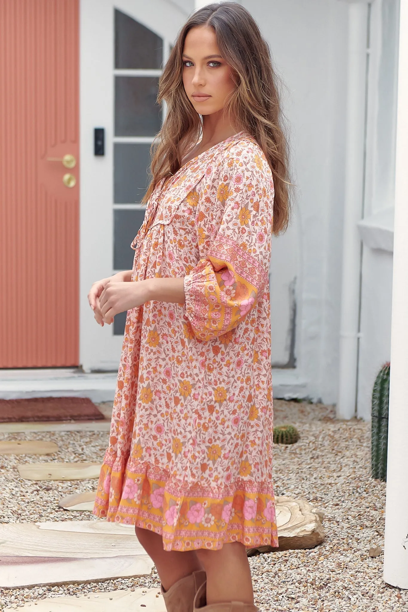 French Mini Dress - Yoke Neckline Dress with Matching Belt in Amor Print sold by Salty Crush product image thumbnail 5