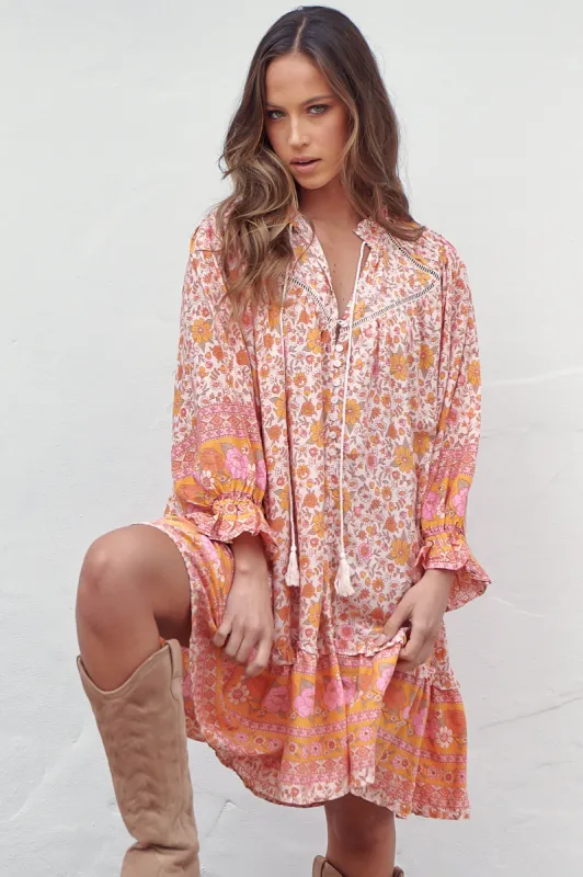 JAASE - Semika Mini Dress: Mandarin Collar Button Through Smock Dress in Amor Print sold by Salty Crush