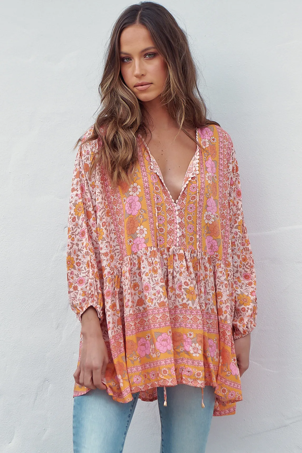 JAASE - Chloe Top: Very Oversized Crochet Trim Neckline Smock Top in Amor Print sold by Salty Crush product image thumbnail 4