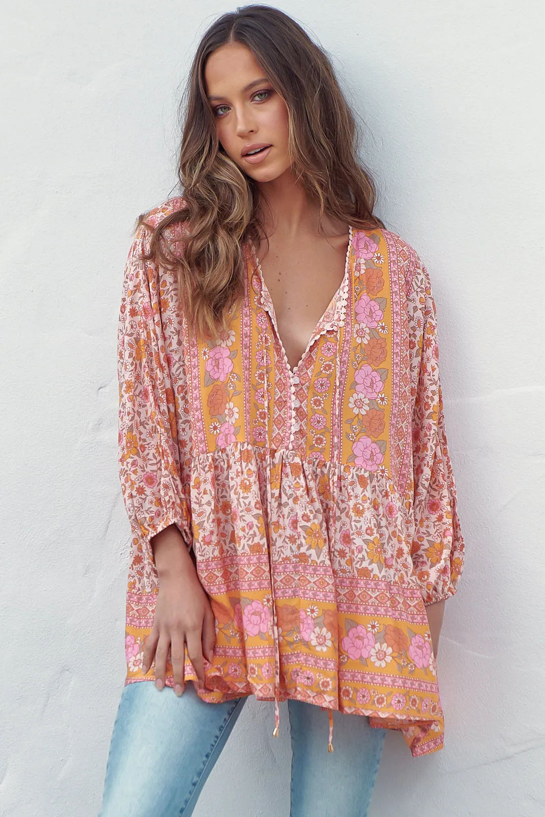 JAASE - Chloe Top: Very Oversized Crochet Trim Neckline Smock Top in Amor Print sold by Salty Crush