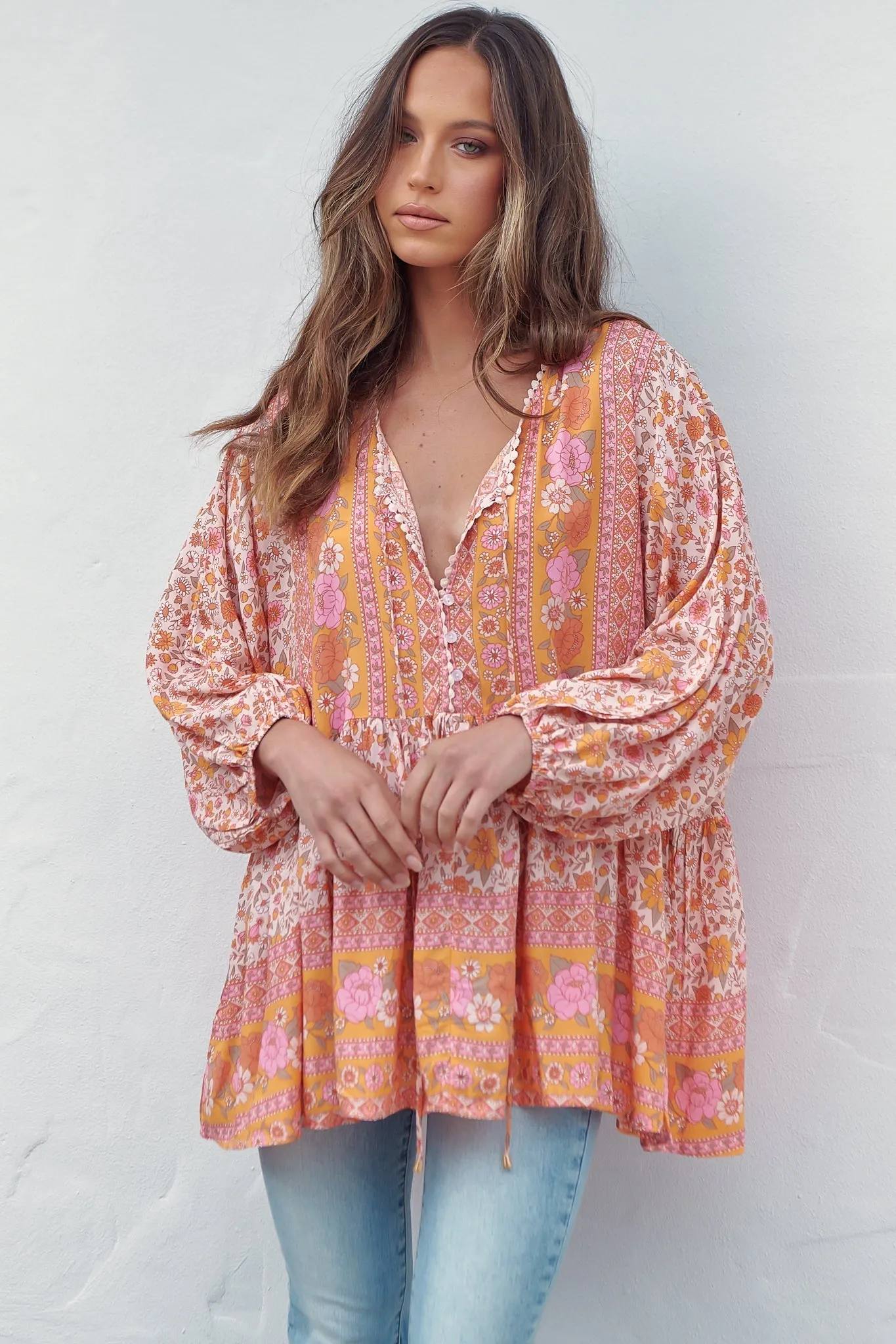 JAASE - Chloe Top: Very Oversized Crochet Trim Neckline Smock Top in Amor Print sold by Salty Crush product image thumbnail 2