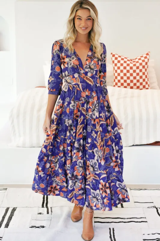 JAASE: Berry Maxi Dress: V Neckline with Buttoned Bodice Dress in Santiago Print sold by Salty Crush