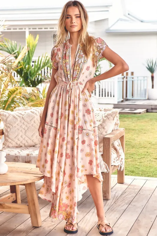 JAASE - Asher Maxi Dress: Bermuda Collar Lace Detail Handkerchief Hemline Dress in Daisies Print sold by Salty Crush