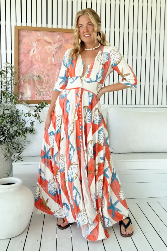 Indiana Maxi Dress - Lace Back Shirred Waist A Line Dress with Handkerchief Hemline in Long Island Print sold by Salty Crush