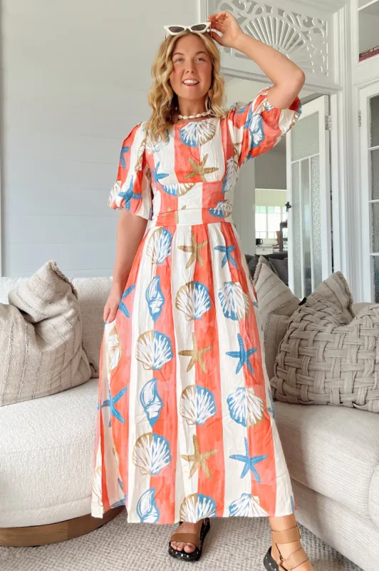 Jada Maxi Dress - Crew Neck Billow Sleeve Low Back A-Line Dress with Bow in Long Island Print sold by Salty Crush