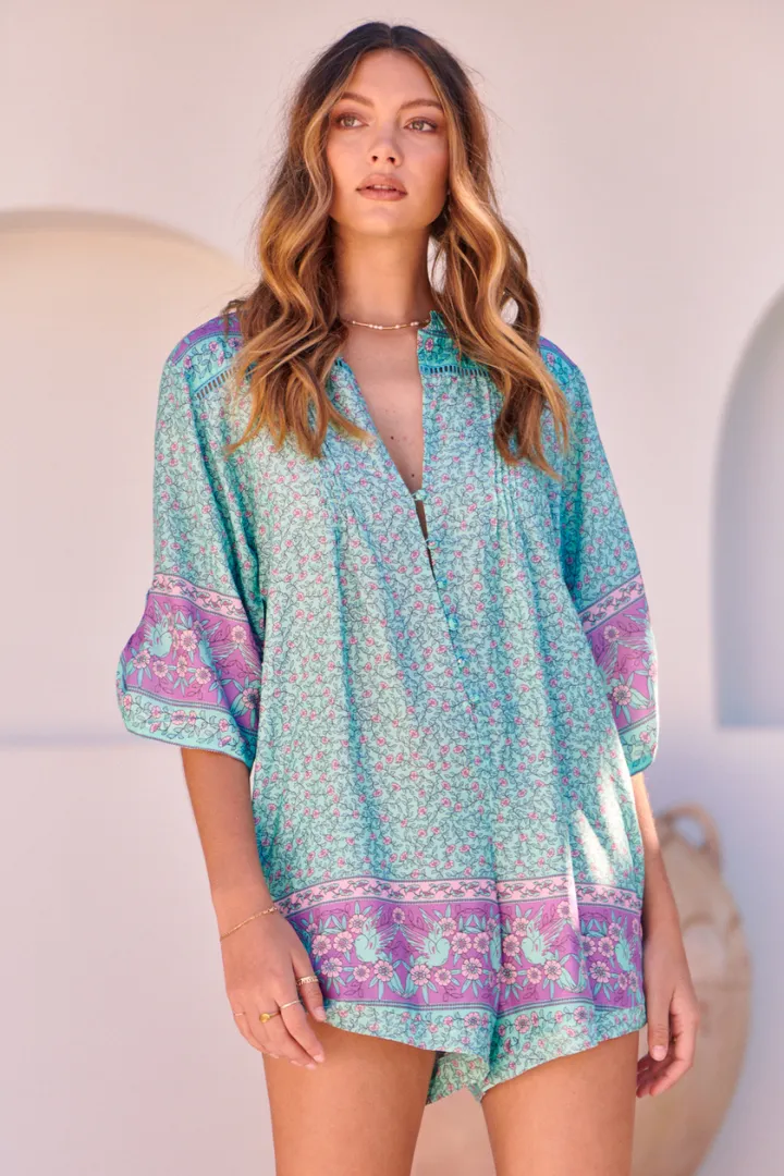JAASE - Brinley Playsuit: Mandarin Collar with Buttoned Down Front in Aqua Love Birds Print sold by Salty Crush product image thumbnail 5