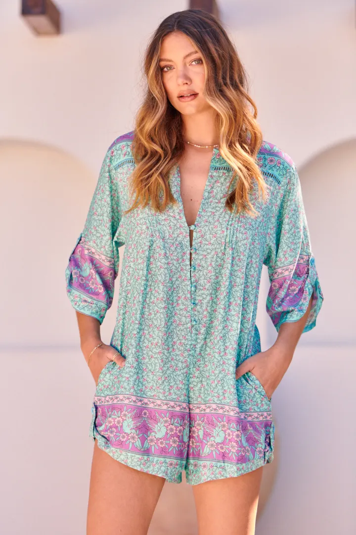 JAASE - Brinley Playsuit: Mandarin Collar with Buttoned Down Front in Aqua Love Birds Print sold by Salty Crush product image thumbnail 4