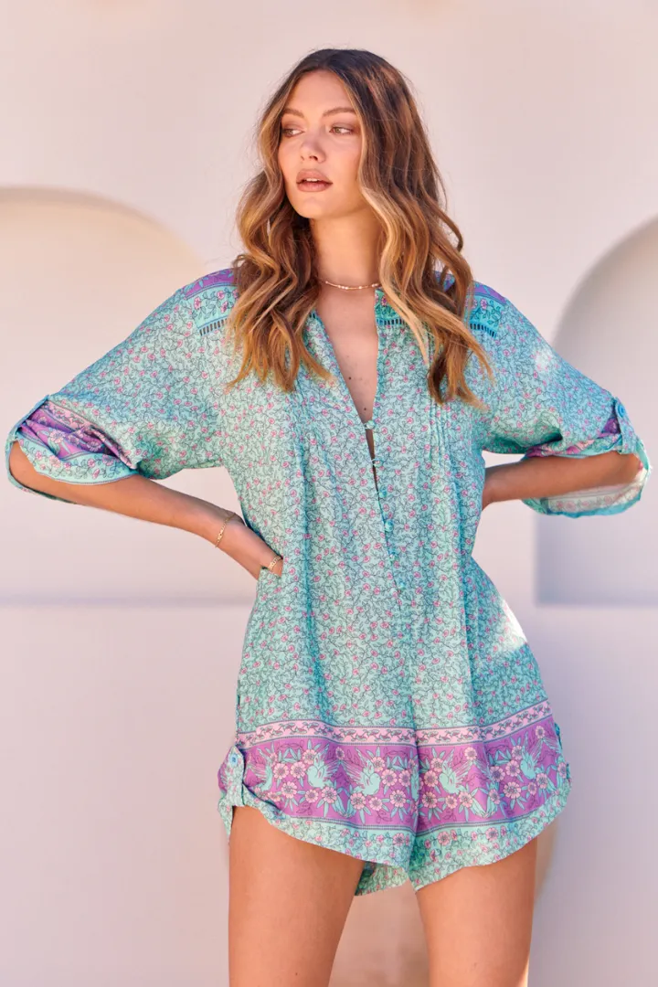 JAASE - Brinley Playsuit: Mandarin Collar with Buttoned Down Front in Aqua Love Birds Print sold by Salty Crush product image thumbnail 2