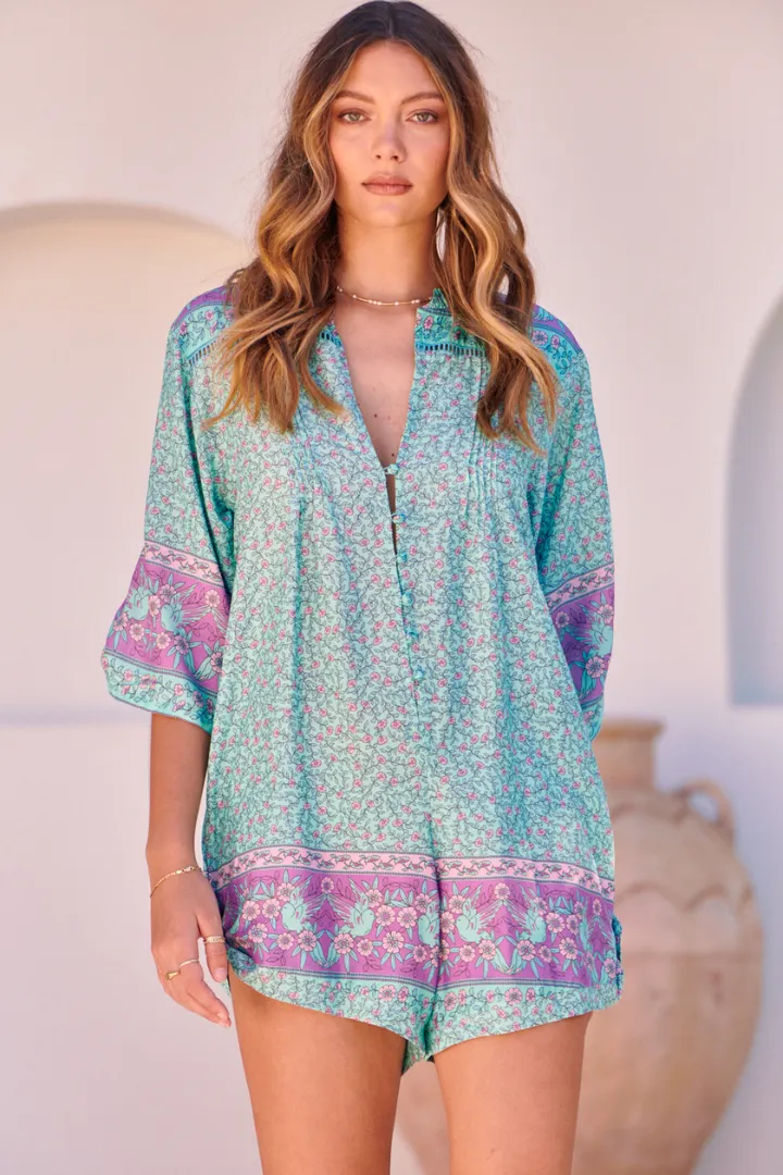 JAASE - Brinley Playsuit: Mandarin Collar with Buttoned Down Front in Aqua Love Birds Print sold by Salty Crush
