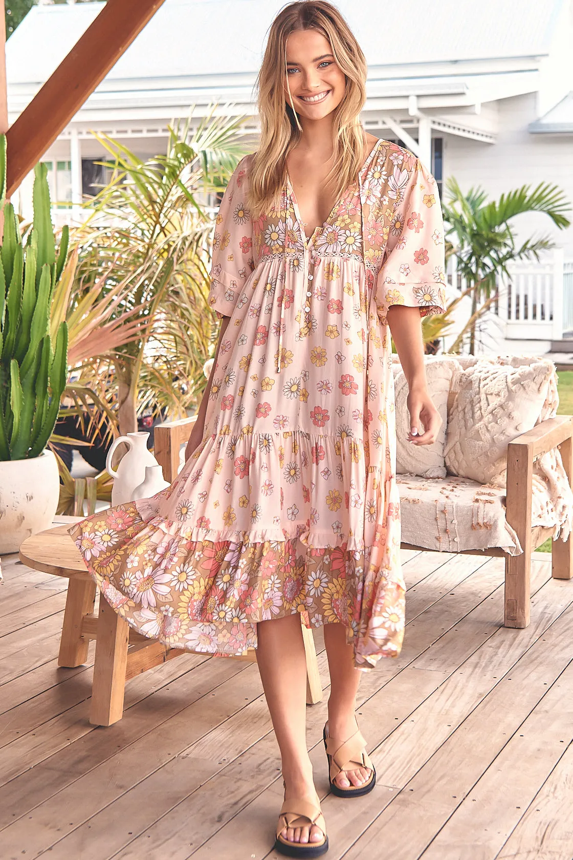 Monday Midi Dress - V Neck Crochet Bust line Smock Dress with Balloon Sleeves in Daisies Print sold by Salty Crush