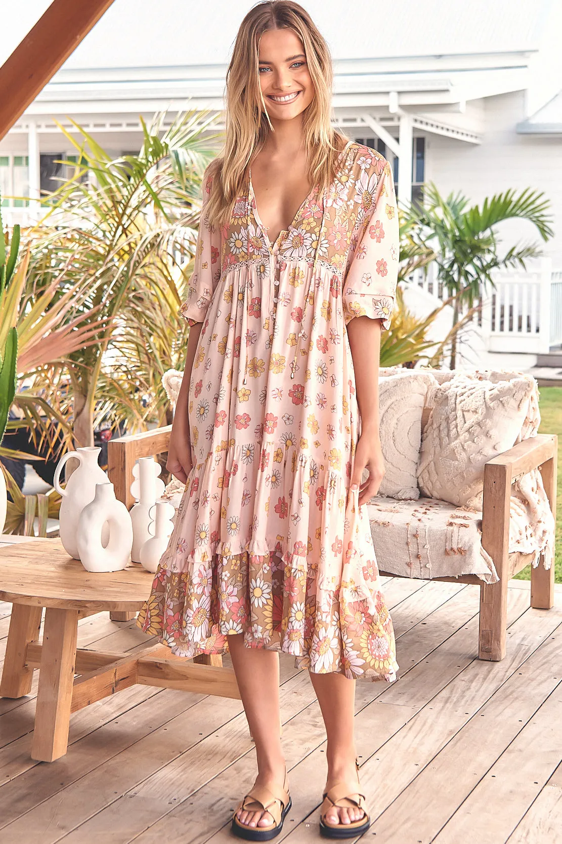 Monday Midi Dress - V Neck Crochet Bust line Smock Dress with Balloon Sleeves in Daisies Print sold by Salty Crush product image thumbnail 4