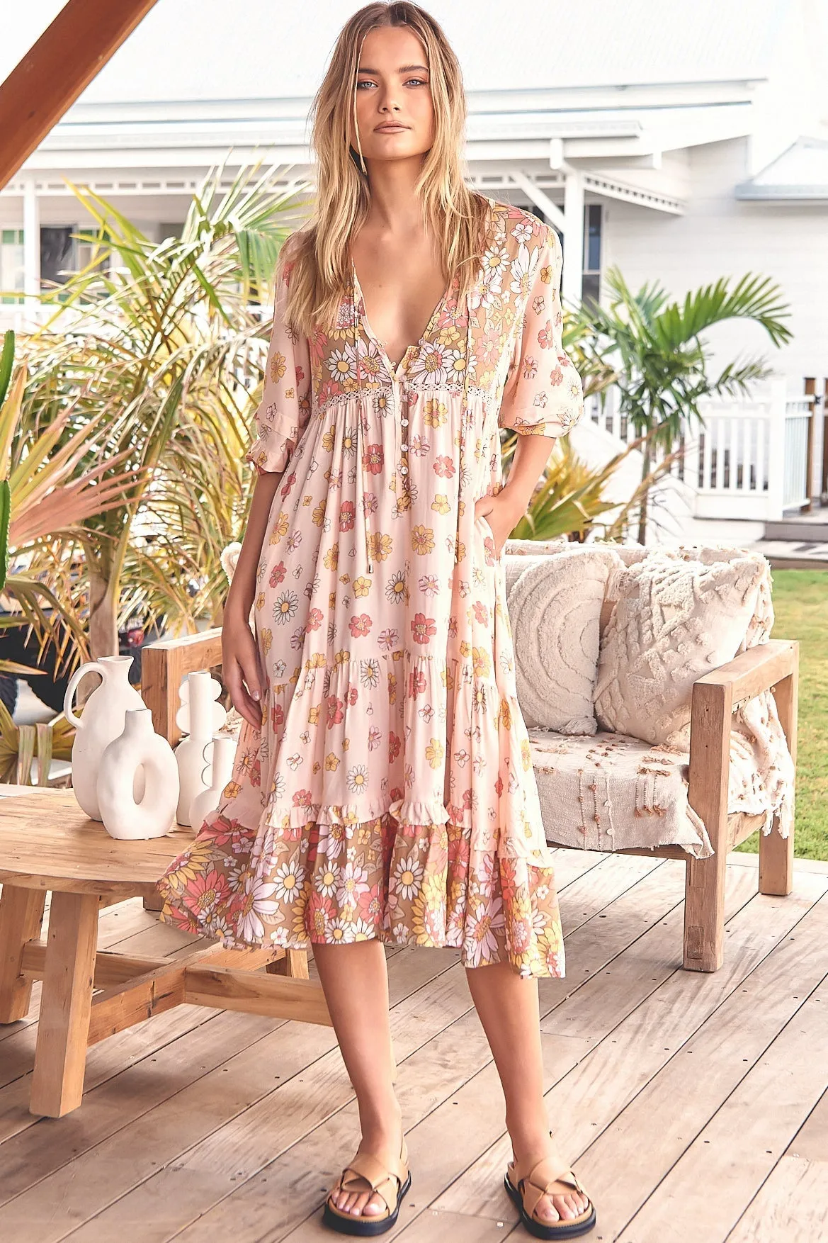 Monday Midi Dress - V Neck Crochet Bust line Smock Dress with Balloon Sleeves in Daisies Print sold by Salty Crush product image thumbnail 2