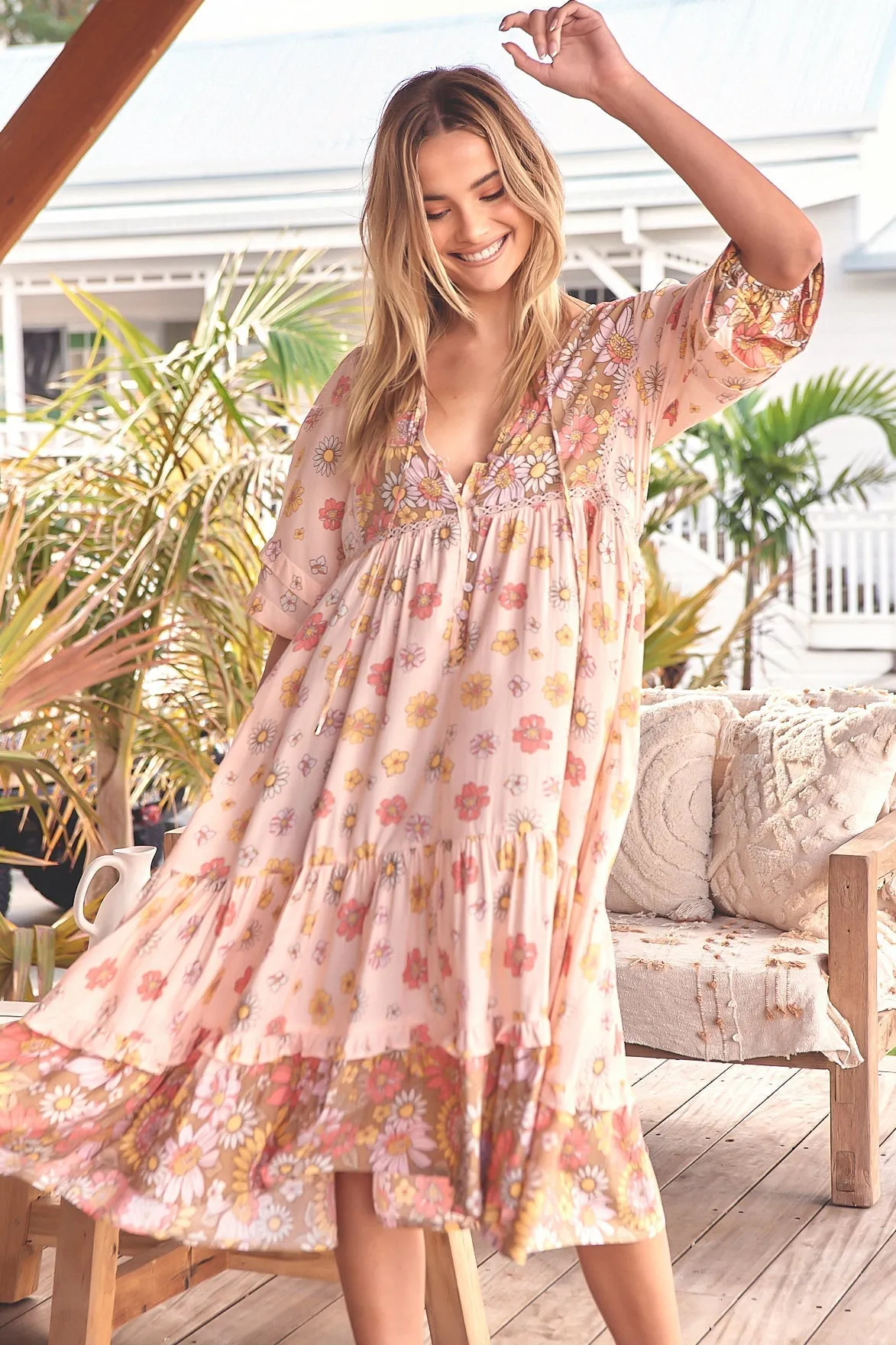 Monday Midi Dress - V Neck Crochet Bust line Smock Dress with Balloon Sleeves in Daisies Print sold by Salty Crush product image thumbnail 3