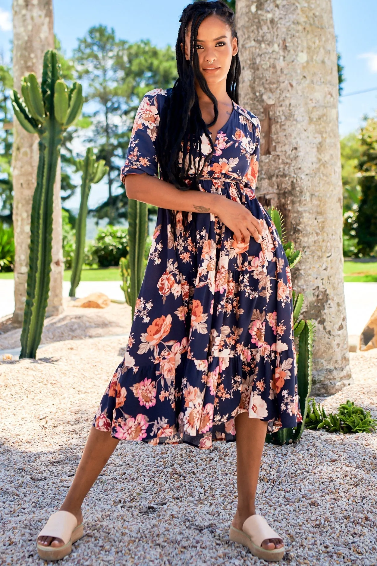 JAASE - Eve Midi Dress: V Neck Tiered Dress with Long Sleeves in Winter Rose Navy Print sold by Salty Crush product image thumbnail 3