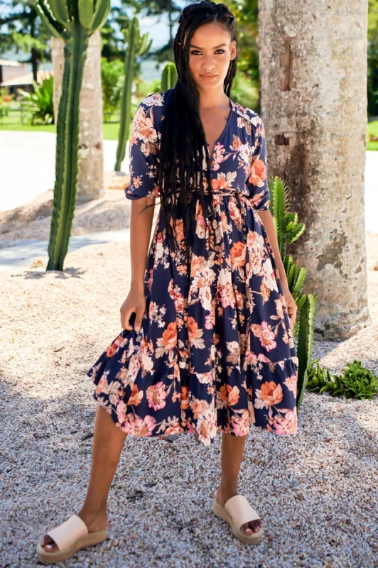 JAASE - Eve Midi Dress: V Neck Tiered Dress with Long Sleeves in Winter Rose Navy Print sold by Salty Crush