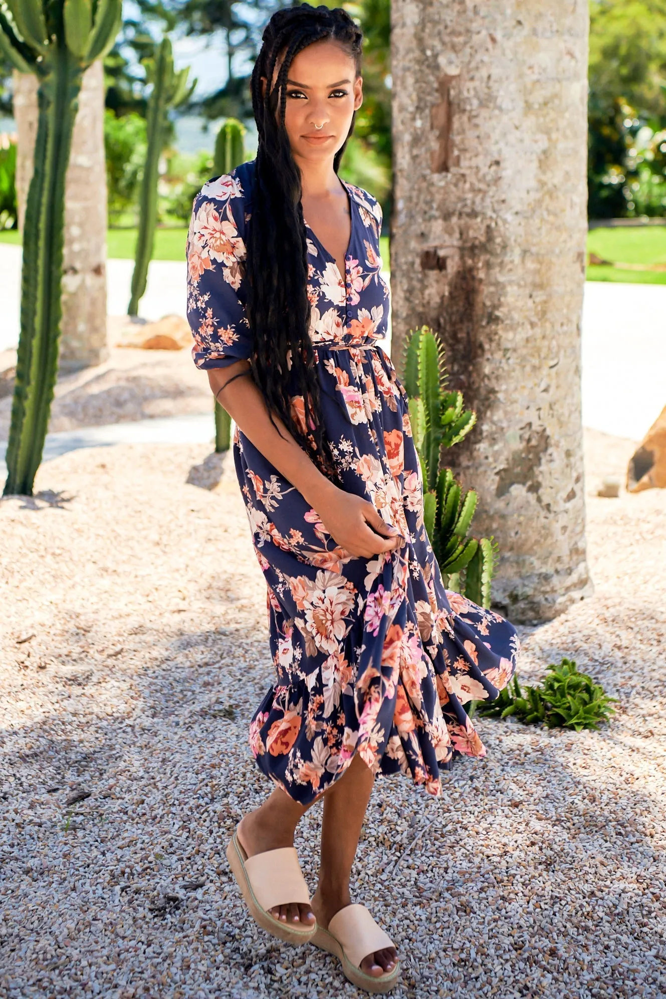 JAASE - Eve Midi Dress: V Neck Tiered Dress with Long Sleeves in Winter Rose Navy Print sold by Salty Crush product image thumbnail 5