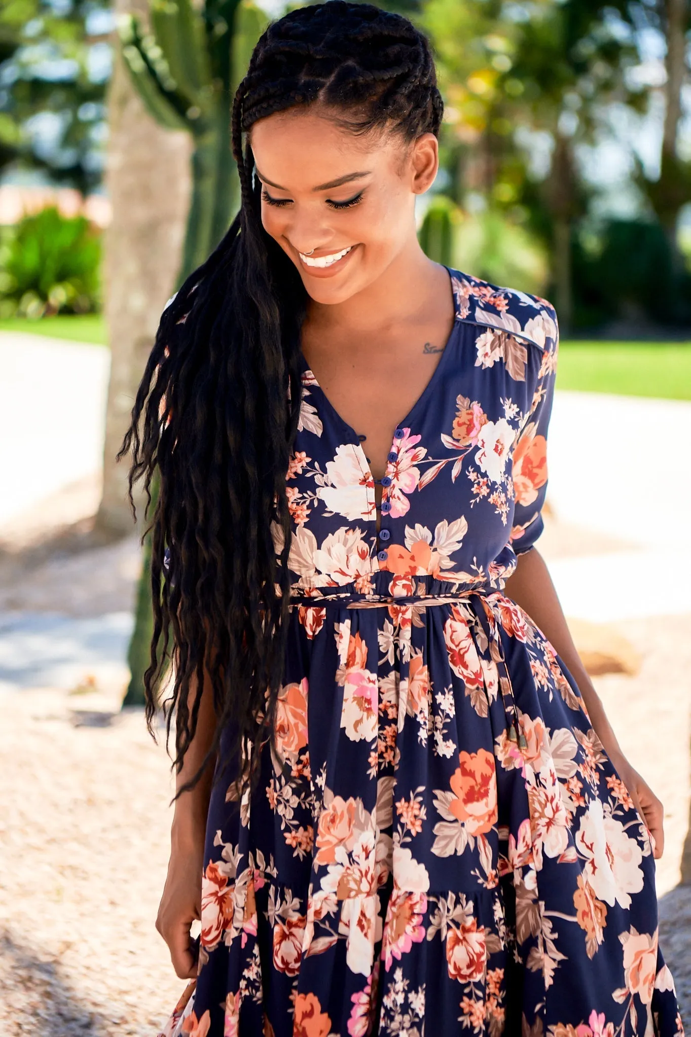 JAASE - Eve Midi Dress: V Neck Tiered Dress with Long Sleeves in Winter Rose Navy Print sold by Salty Crush product image thumbnail 2