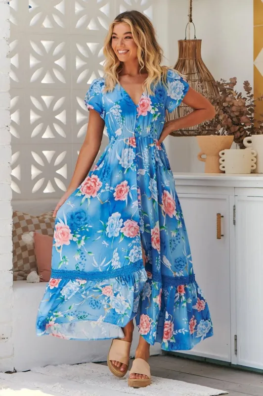 JAASE - Carmen Maxi Dress: Butterfly Cap Sleeve Button Down A Line Dress with Lace Trim in Santorina Print sold by Salty Crush