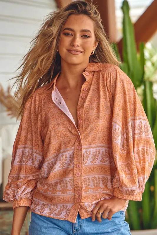 Moni Blouse - Collared Button Down Shirt with Balloon Sleeves in Peachy Print sold by Salty Crush